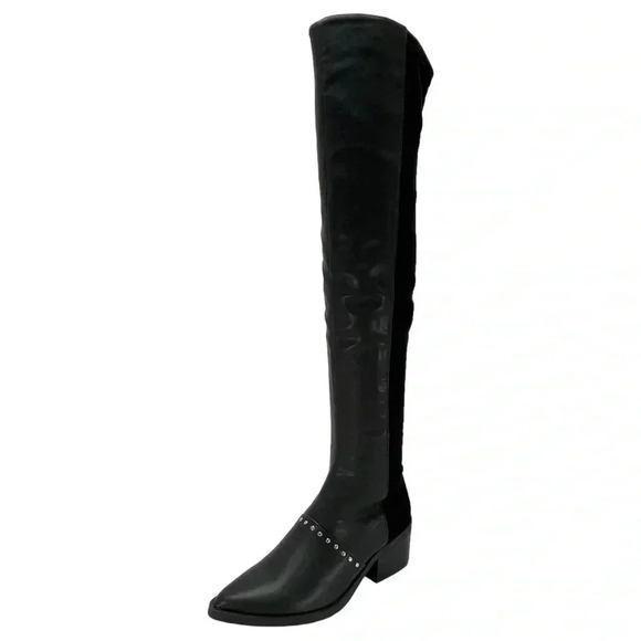 Report Shoes - Report Zaria Black Faux Leather & Suede OTK Womens Boots Size 5M
